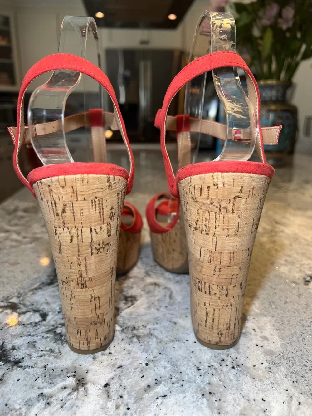SUN + STONE Jamie T-Strap Platform Sandals Red Coral Cork Block Heel Size 9.5